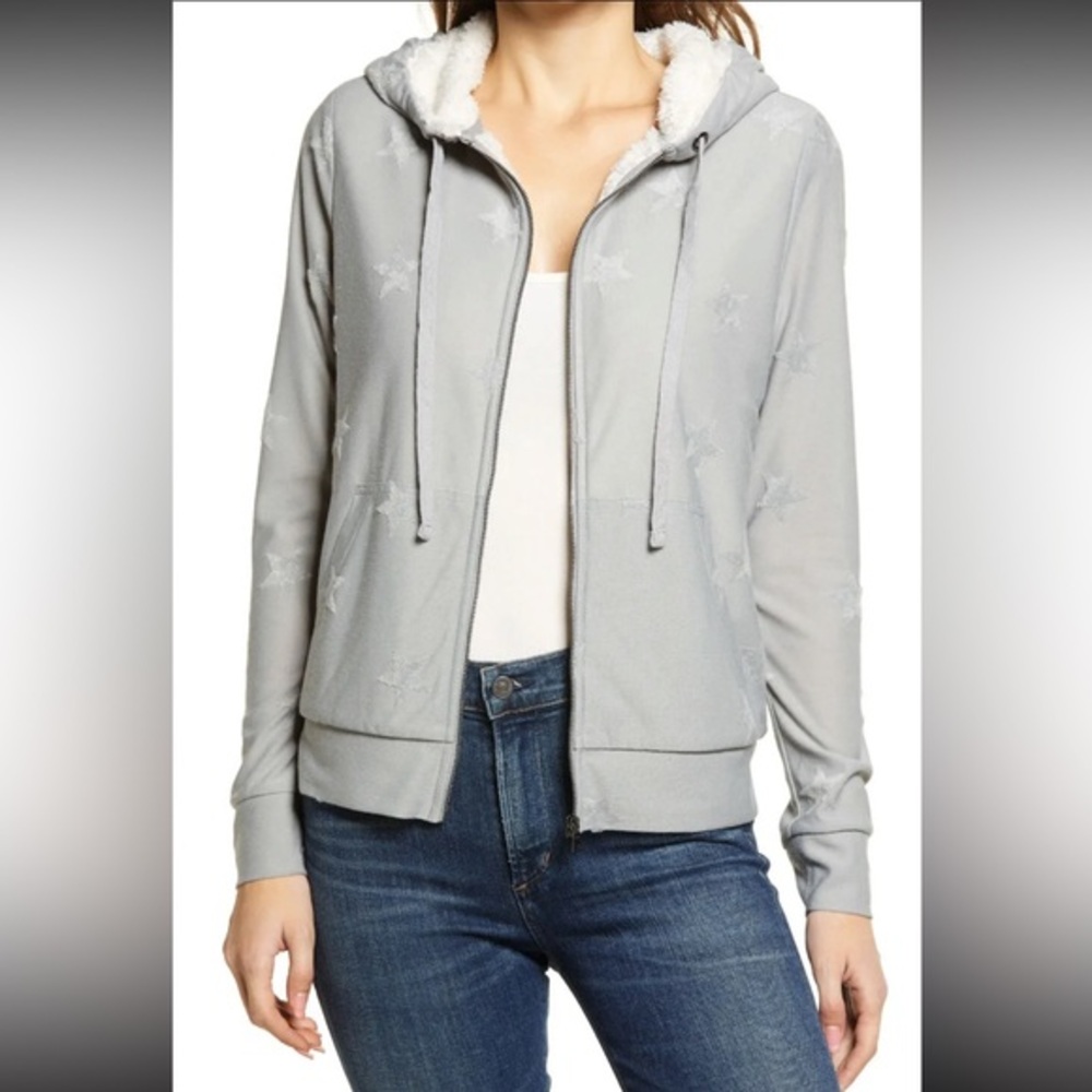 NWT bobeau Heather gray stars hoodie‎ with fuzzy fleece lining size medium